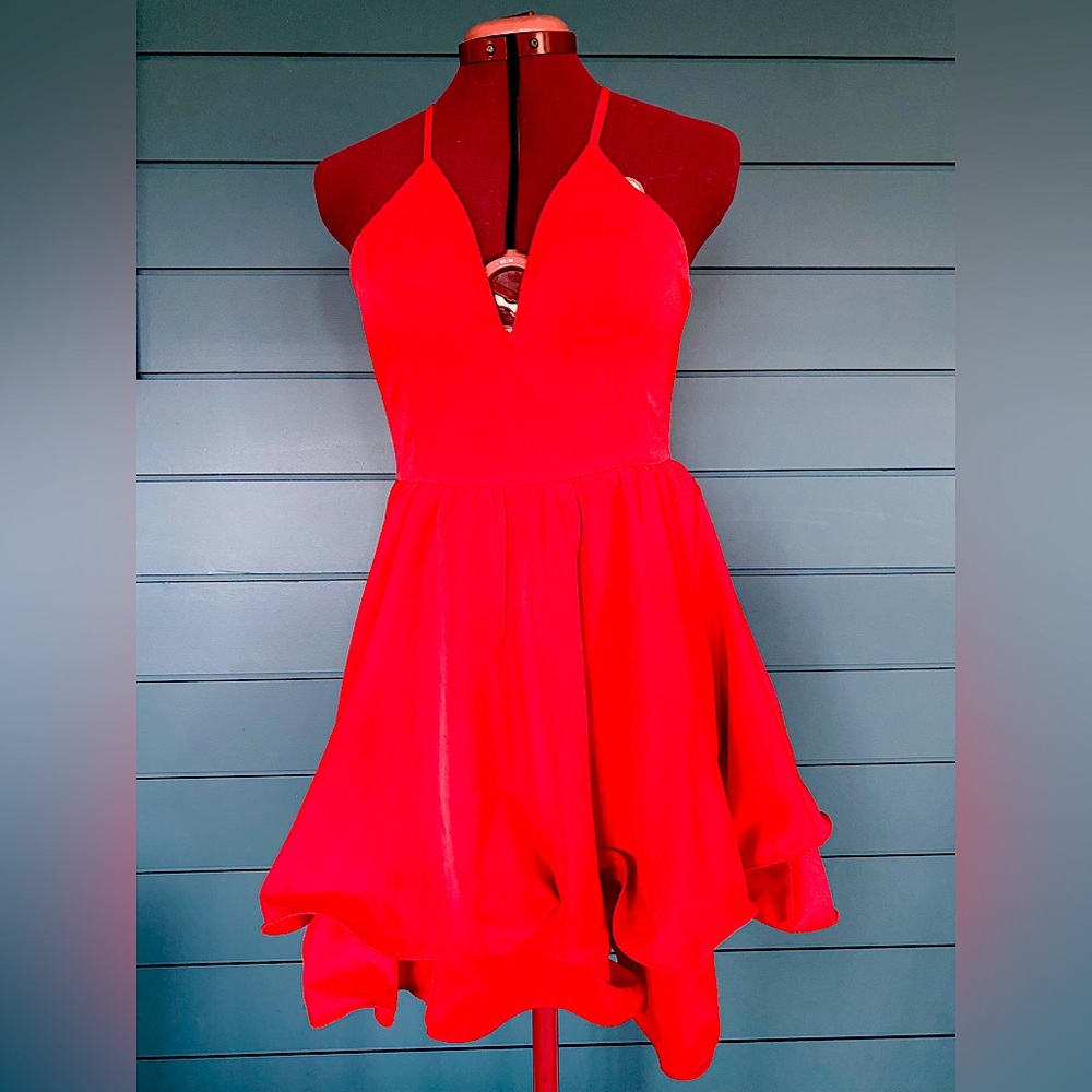 Red plunge party dress